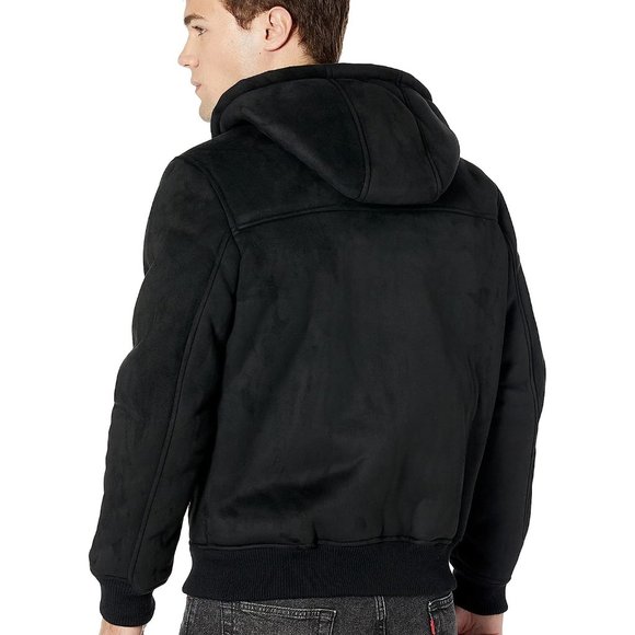 NWT $250 LEVI'S Men M Faux Suede Sherpa Lined Hoodie Bomber Trucker Jacket Black - Picture 5 of 10